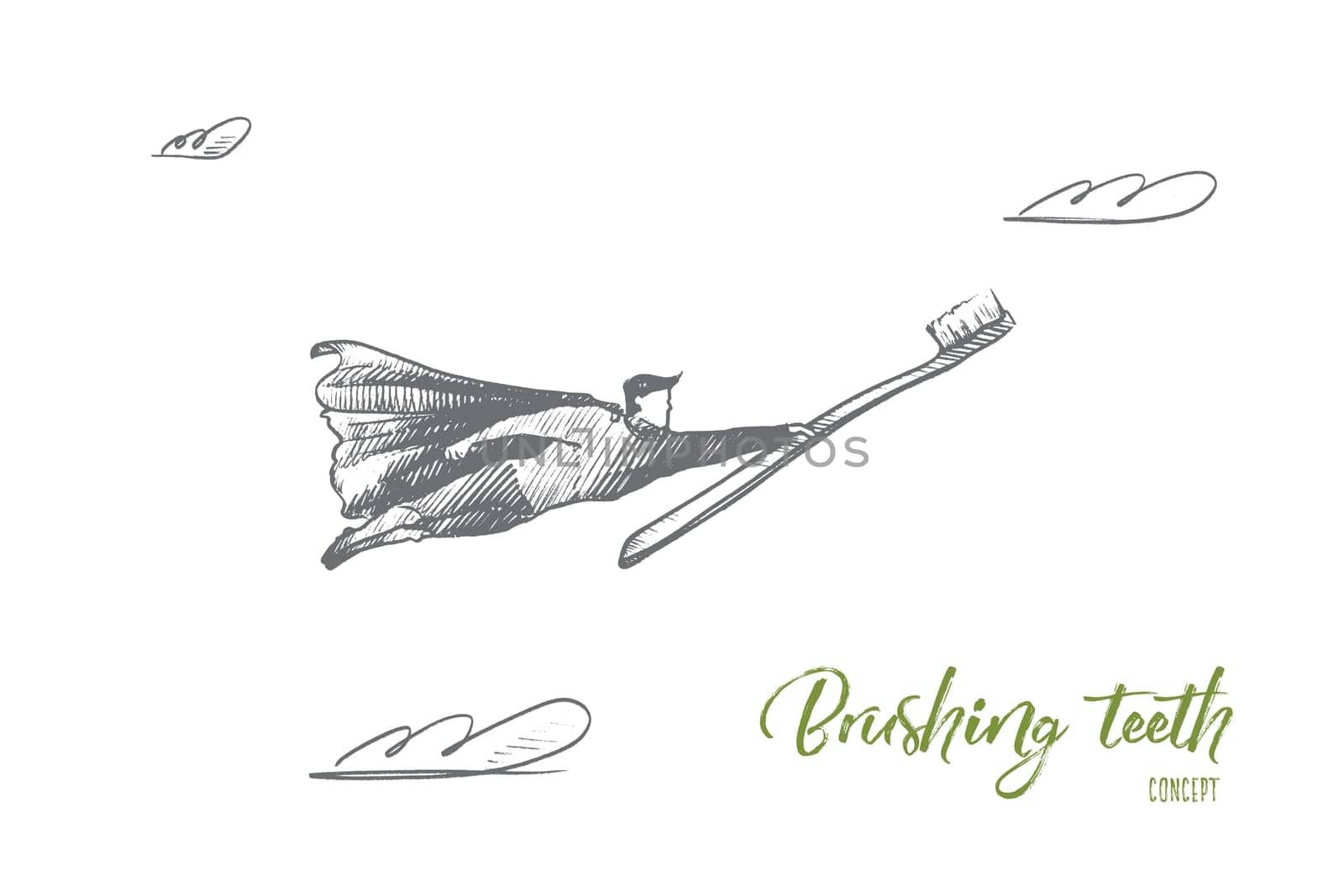 Brushing teeth concept. Hand drawn superhero with brush for teeth in hand. Flying man holds toothbrush isolated vector illustration.