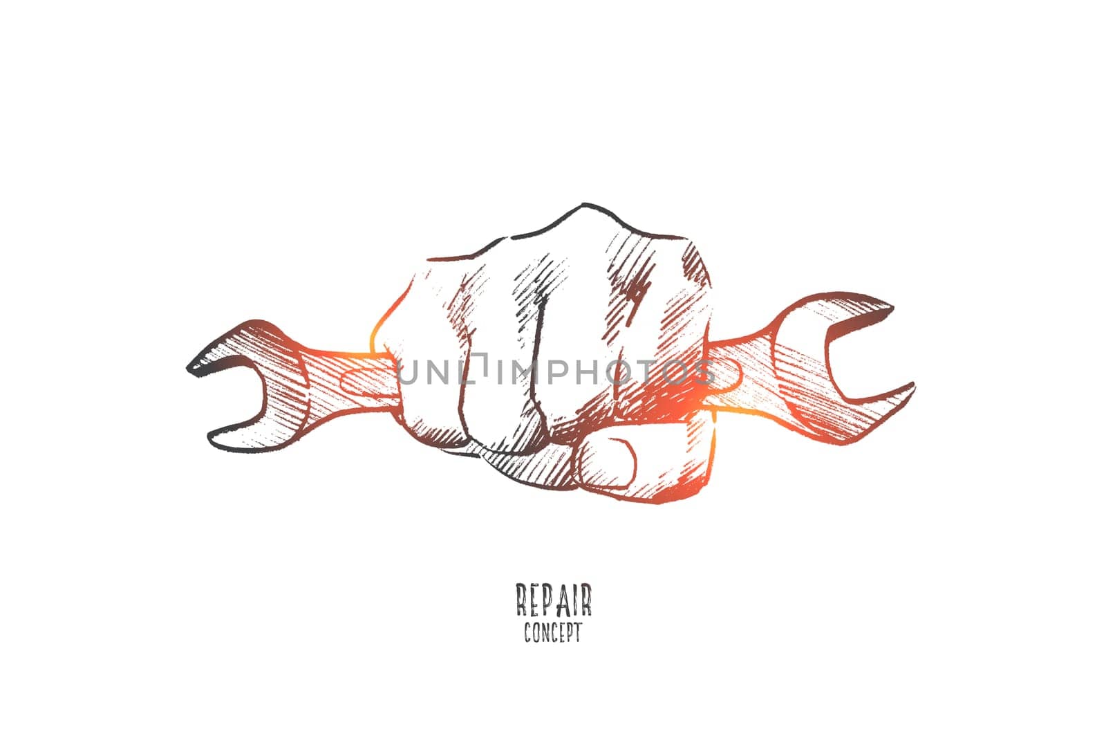 Repair concept. Hand drawn hand with wrench. Repair service isolated vector illustration.