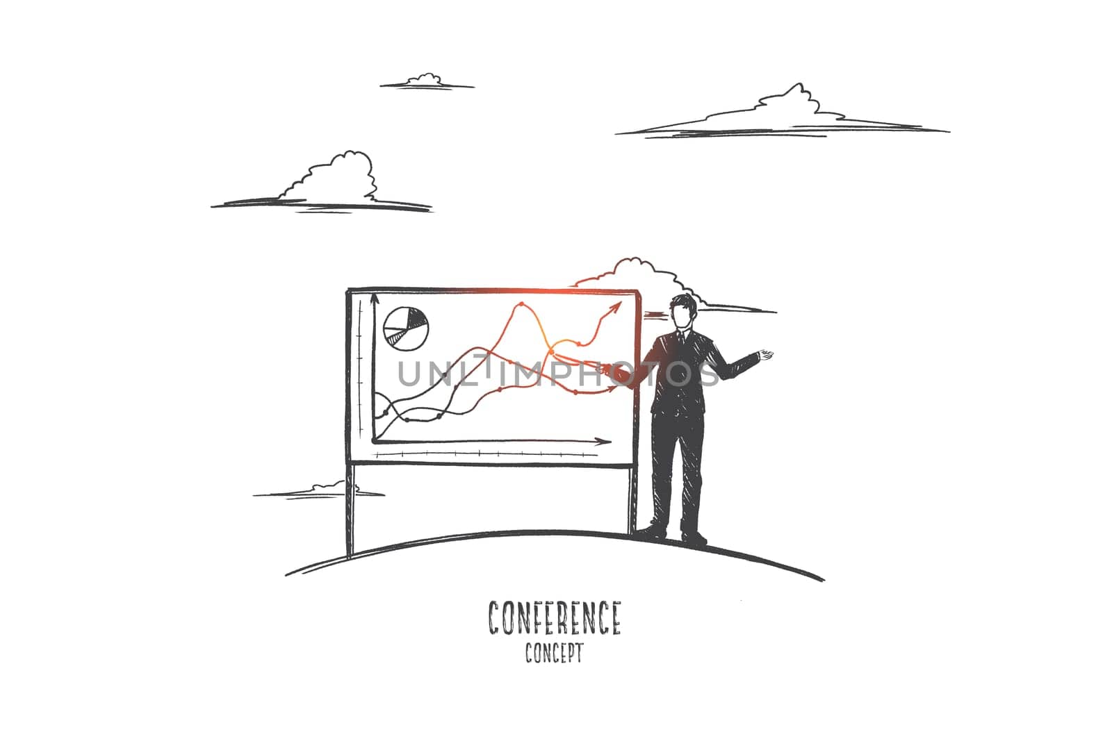 Conference concept. Hand drawn manager with pointer presenting report. Work conference, demonstration of the results of work isolated vector illustration.