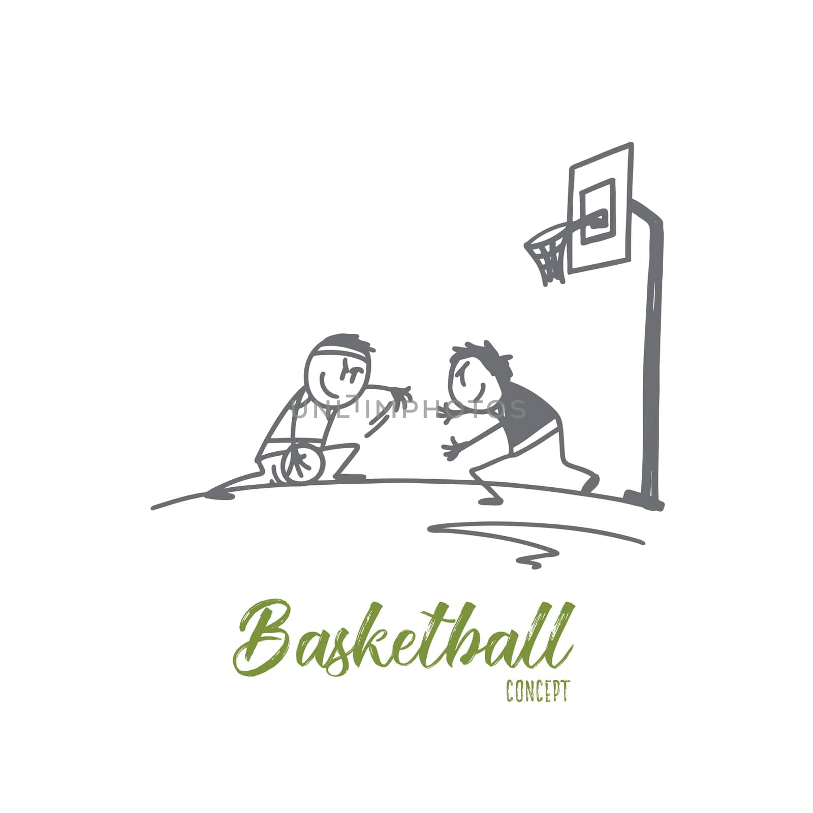 Basketball concept. Hand drawn people playing basketball. Two athlethes playing basketball outdoors isolated vector illustration.