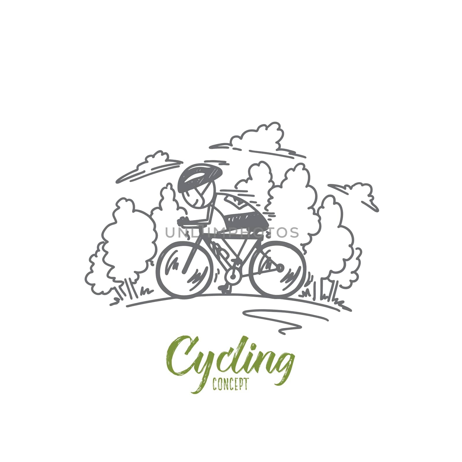 Cycling concept. Hand drawn man cycling road bike. Cyclist moving on bike isolated vector illustration.