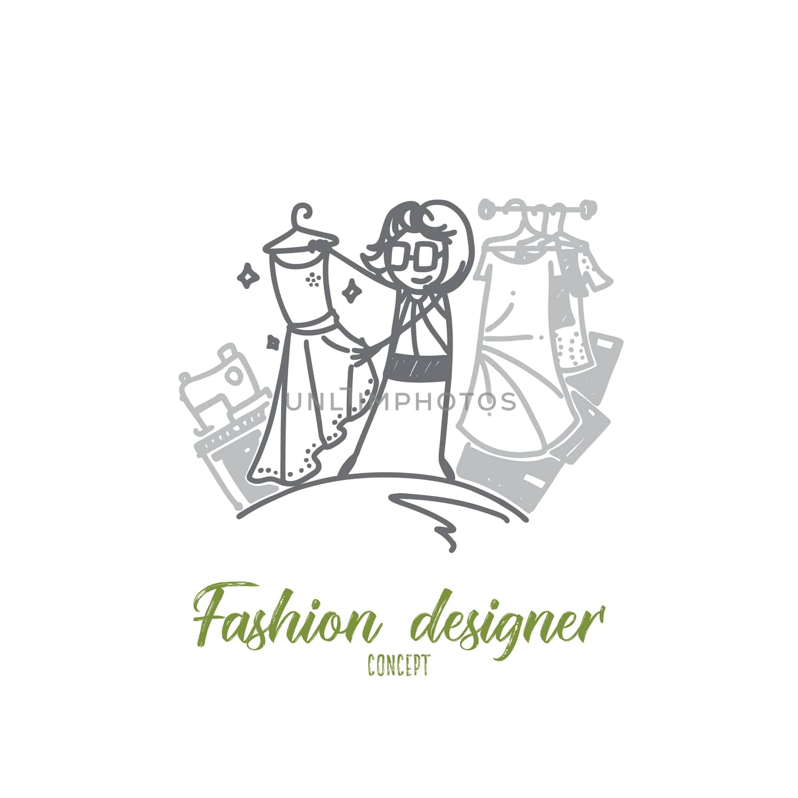 Fashion designer concept. Hand drawn female fashion designer working on garment. Dressmaker isolated vector illustration.