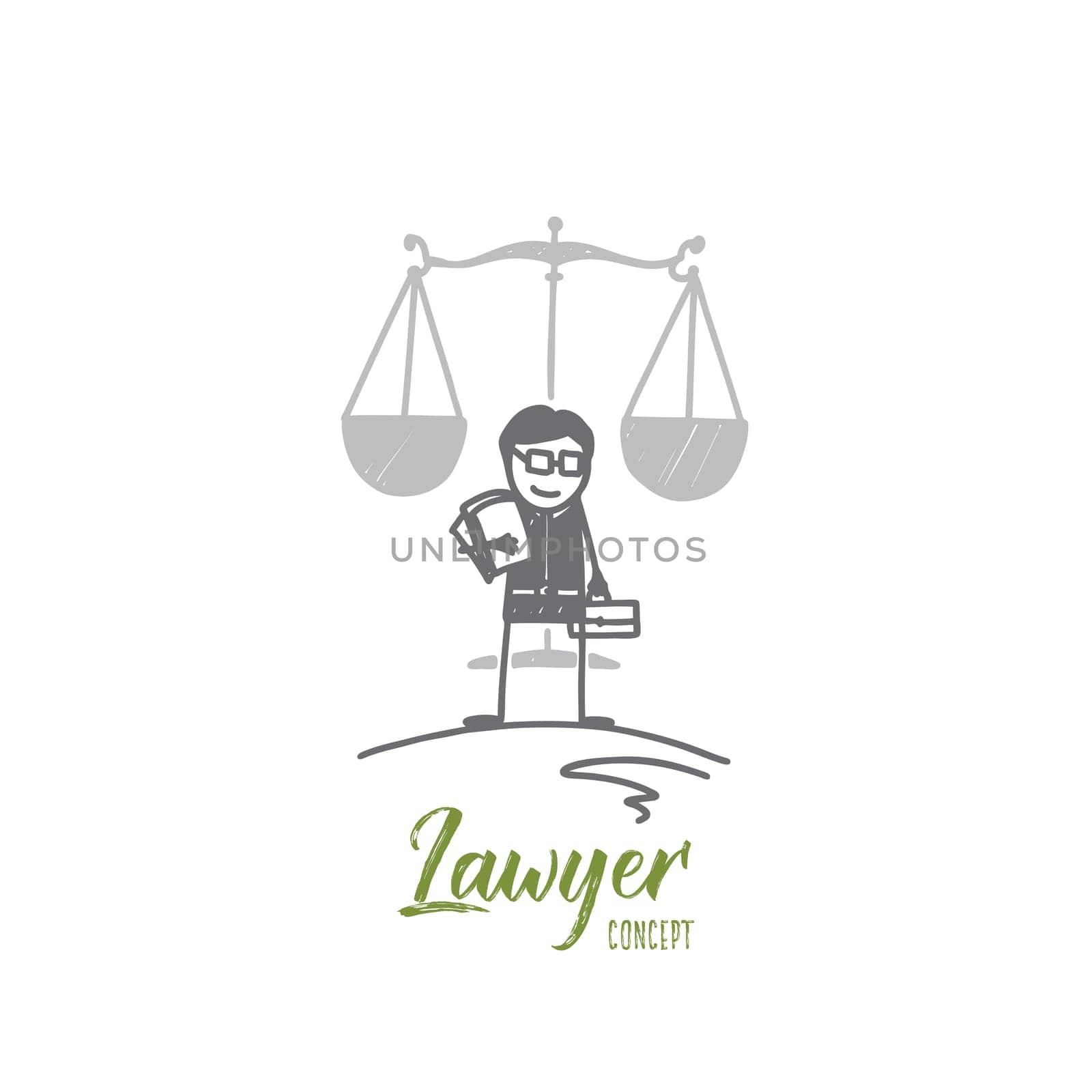 Lawyer concept. Hand drawn young lawyer business man working with paperwork. Libra the symbols of law isolated vector illustration.