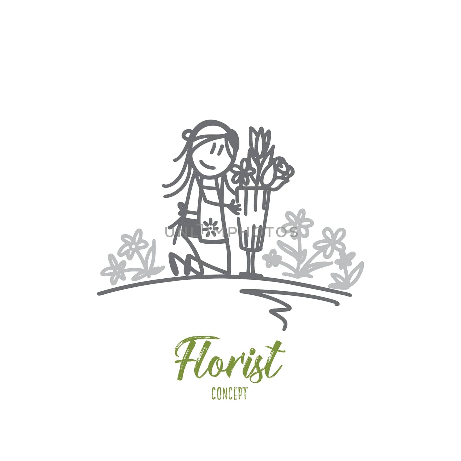 Florist concept. Hand drawn female florist working with flowers. Smiling woman in garden making a bouquet isolated vector illustration.