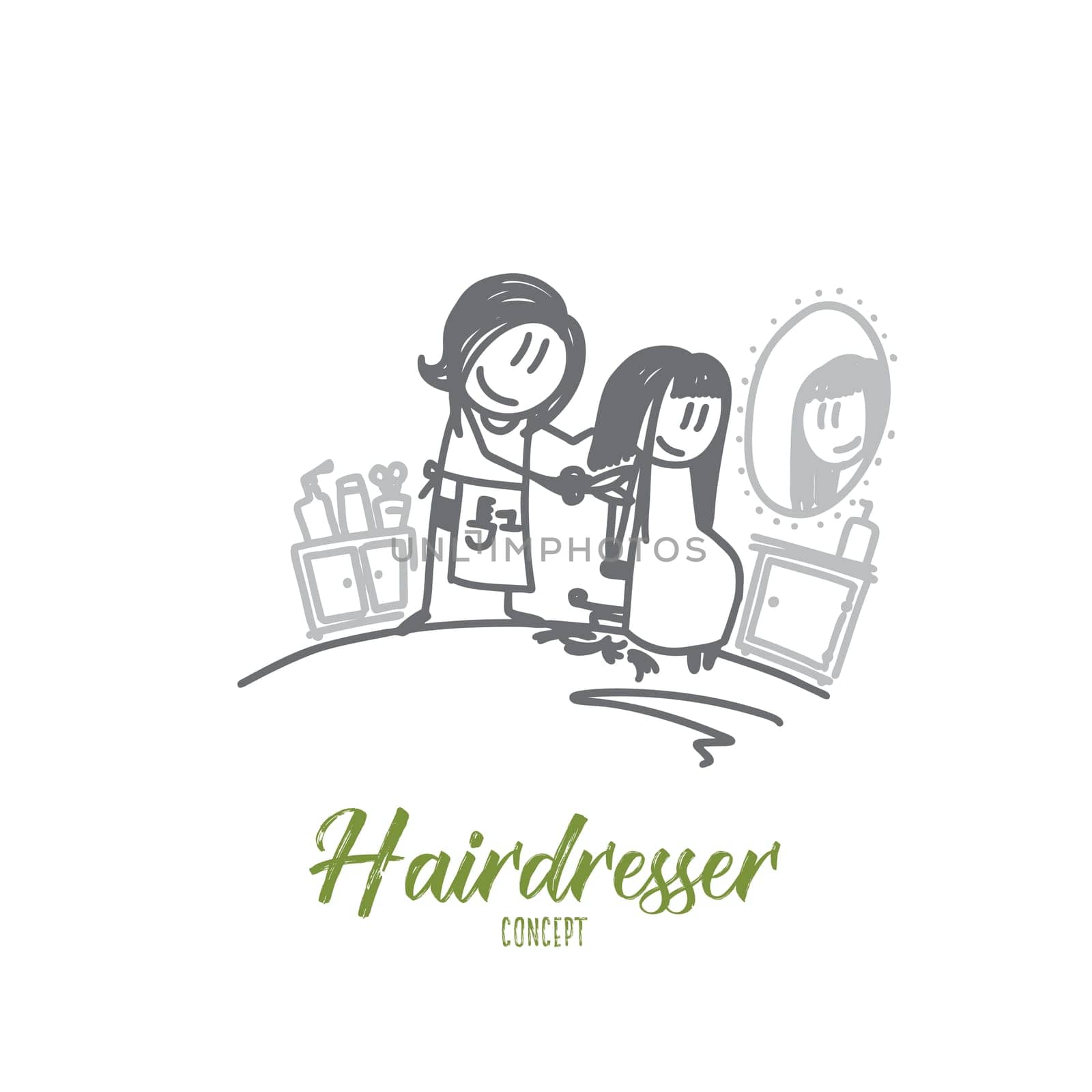 Hairdresser concept. Hand drawn female hairdresser making haircut. Hairstylist and client in salon isolated vector illustration.