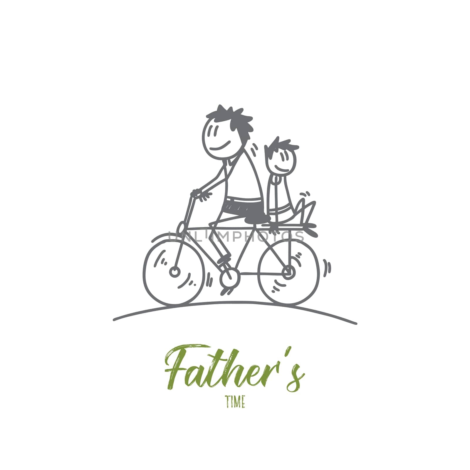 Fathers time designer concept. Hand drawn father and son cycling. Concept of happy friendly family isolated vector illustration.