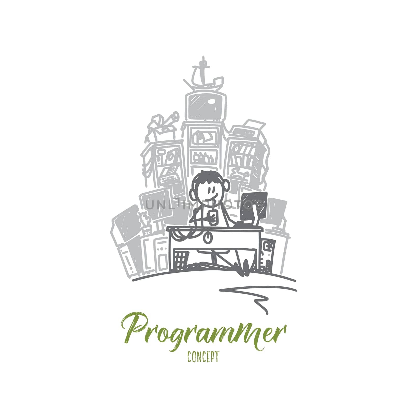 Programmer concept. Hand drawn male developer with computer. Man programming isolated vector illustration.