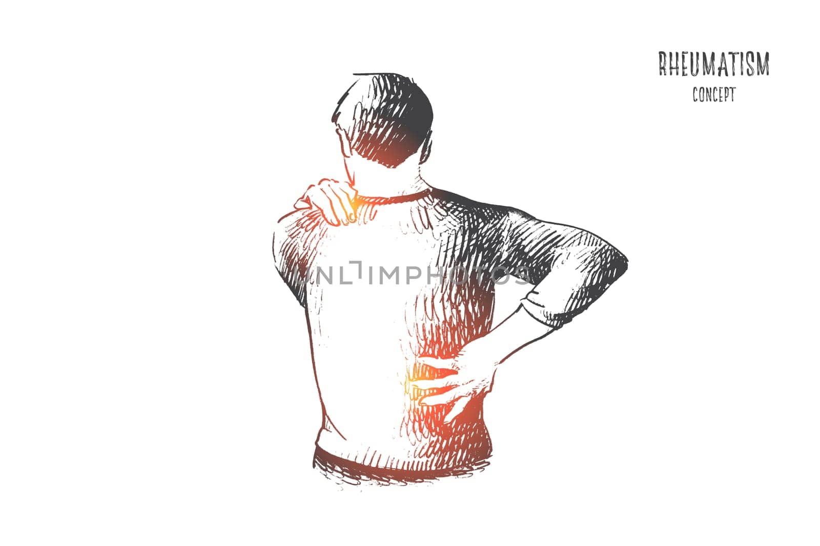 Rheumatism concept. Hand drawn man suffering from back and neck pain. Muscle spasm, rheumatism isolated vector illustration.