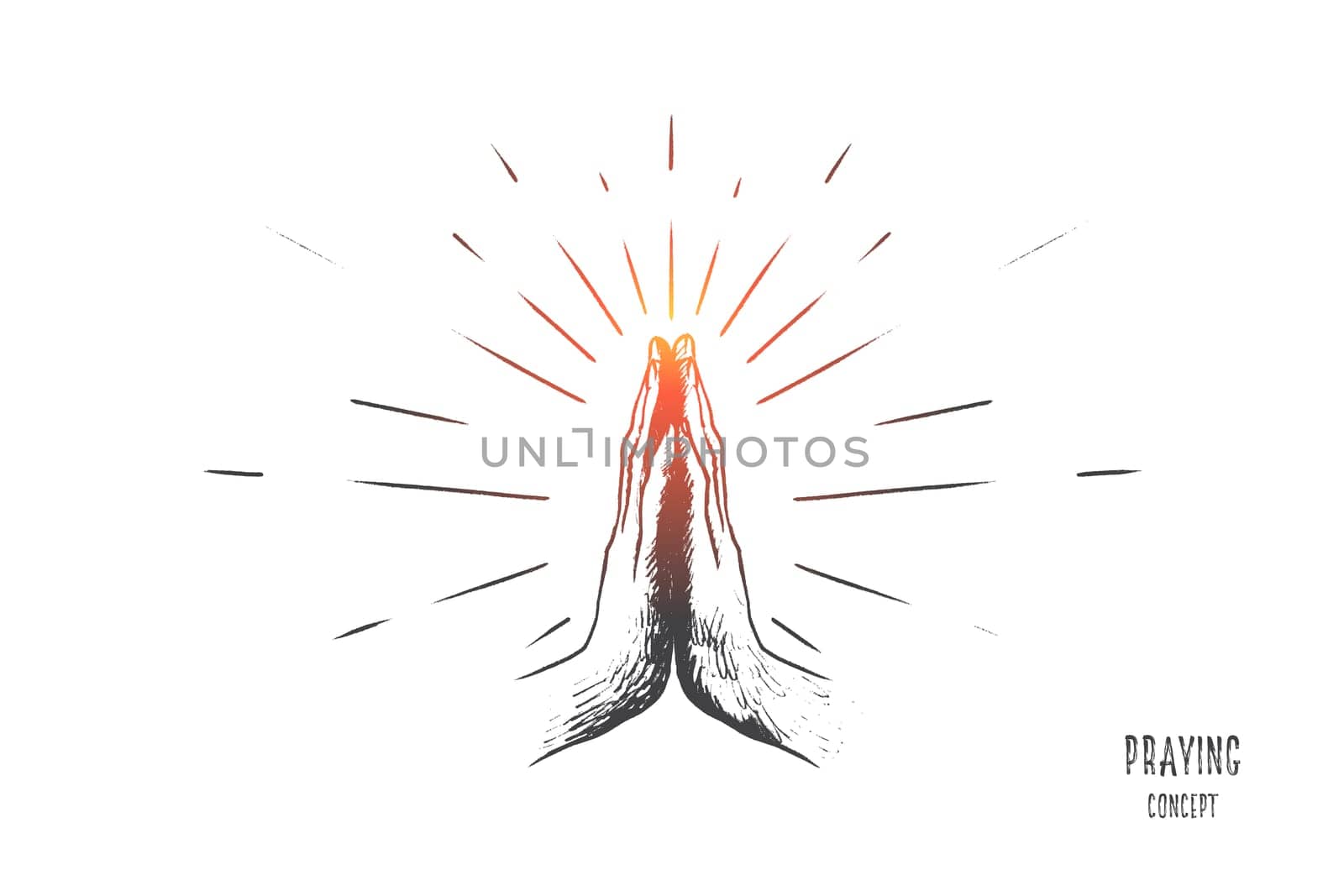 Praying concept. Hand drawn hands in praying position. Prayer to god with faith and hope isolated vector illustration.