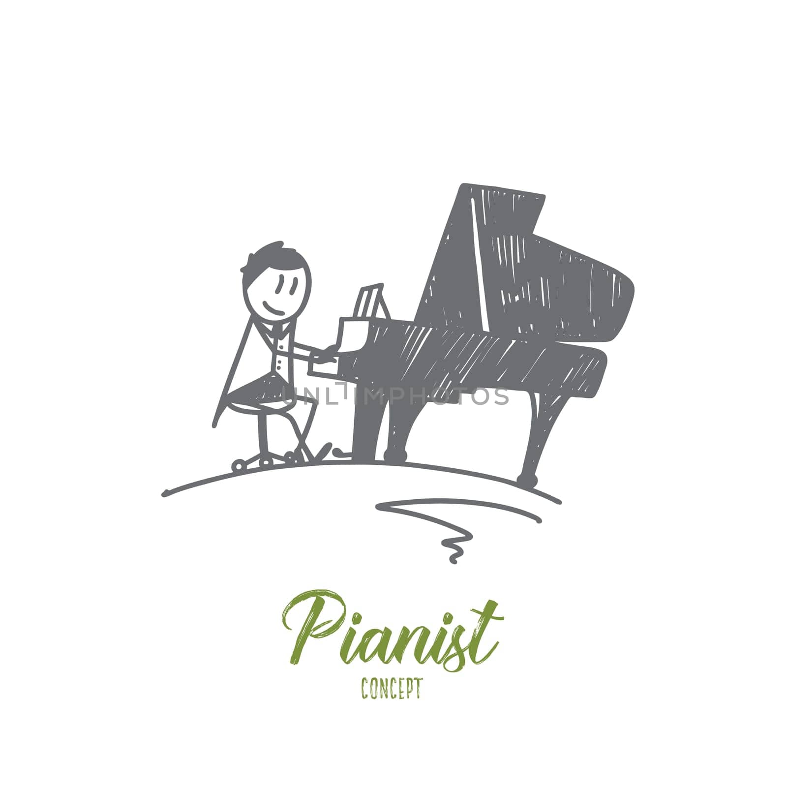 Pianist concept. Hand drawn handsome young man making piano music. Male musician plays the piano isolated vector illustration.