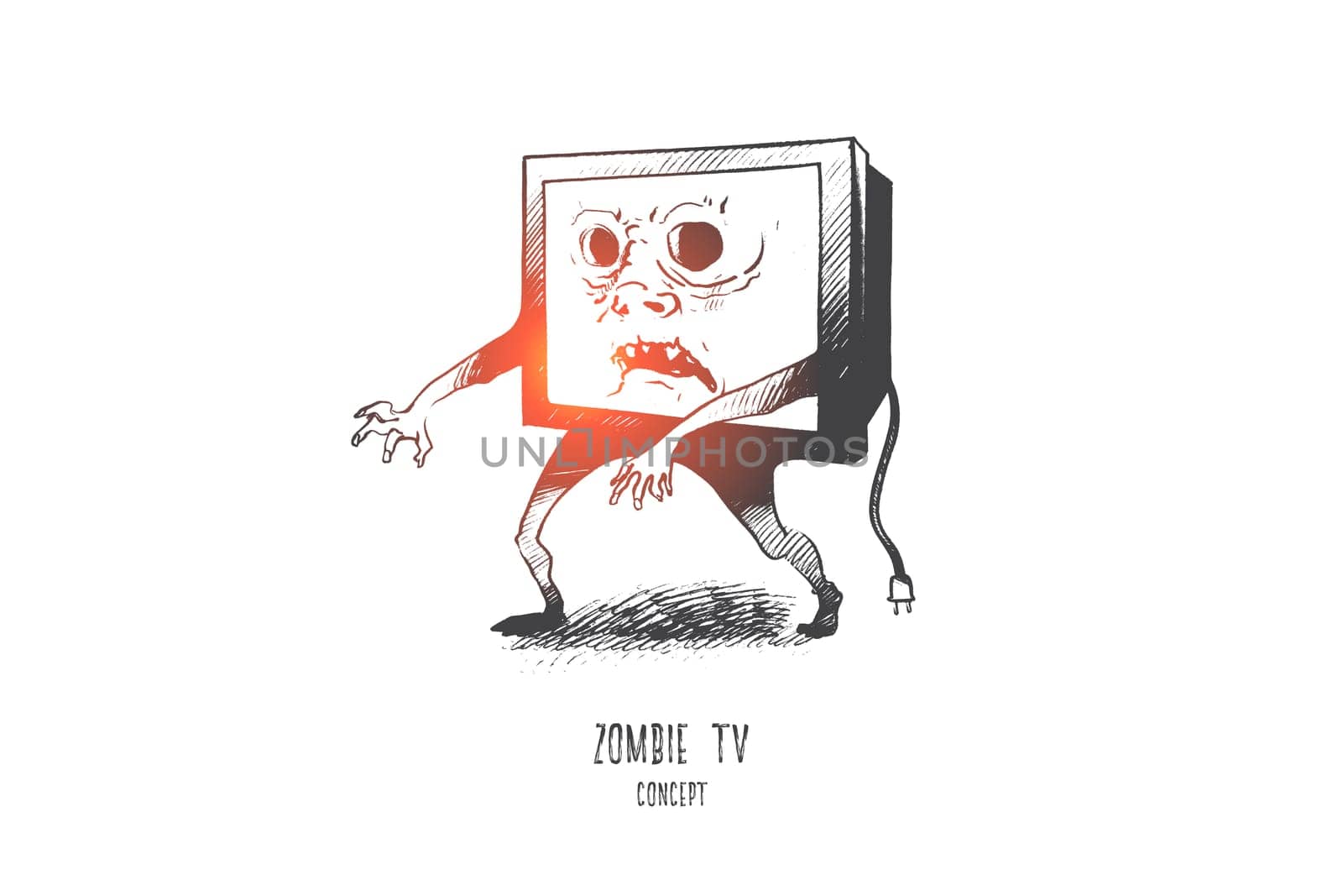 Zombie TV concept. Hand drawn media zombie person with tv set instead of head. Man with television head isolated vector illustration.