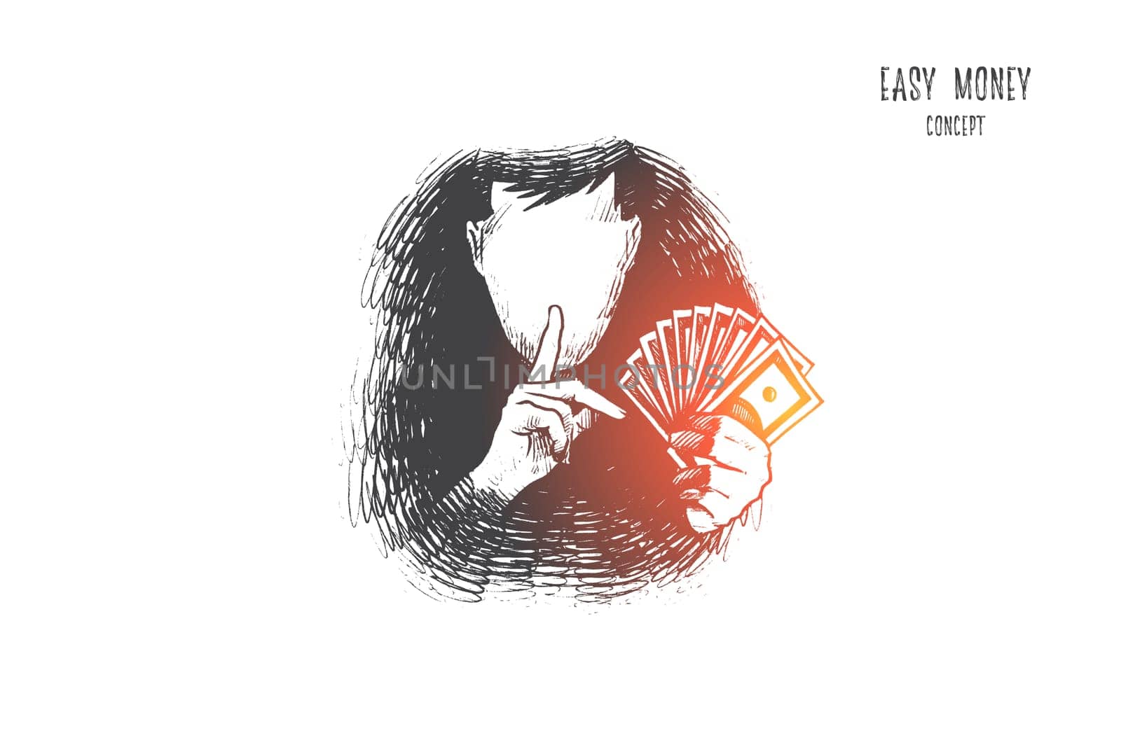 Easy money concept. Hand drawn person find a way to get a lot of money very fast and easy. Chance to become rich isolated vector illustration.