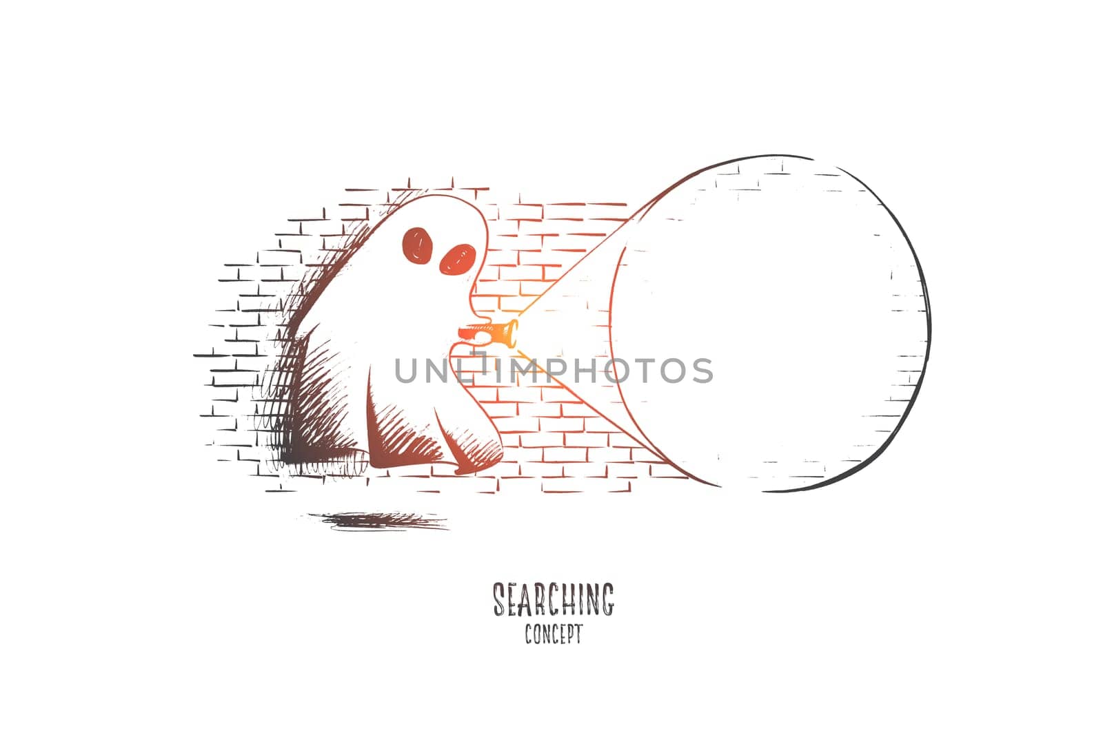 Searching concept. Hand drawn ghost searching something with flashlight in his hand. Looking for something and analyzing concept isolated vector illustration.