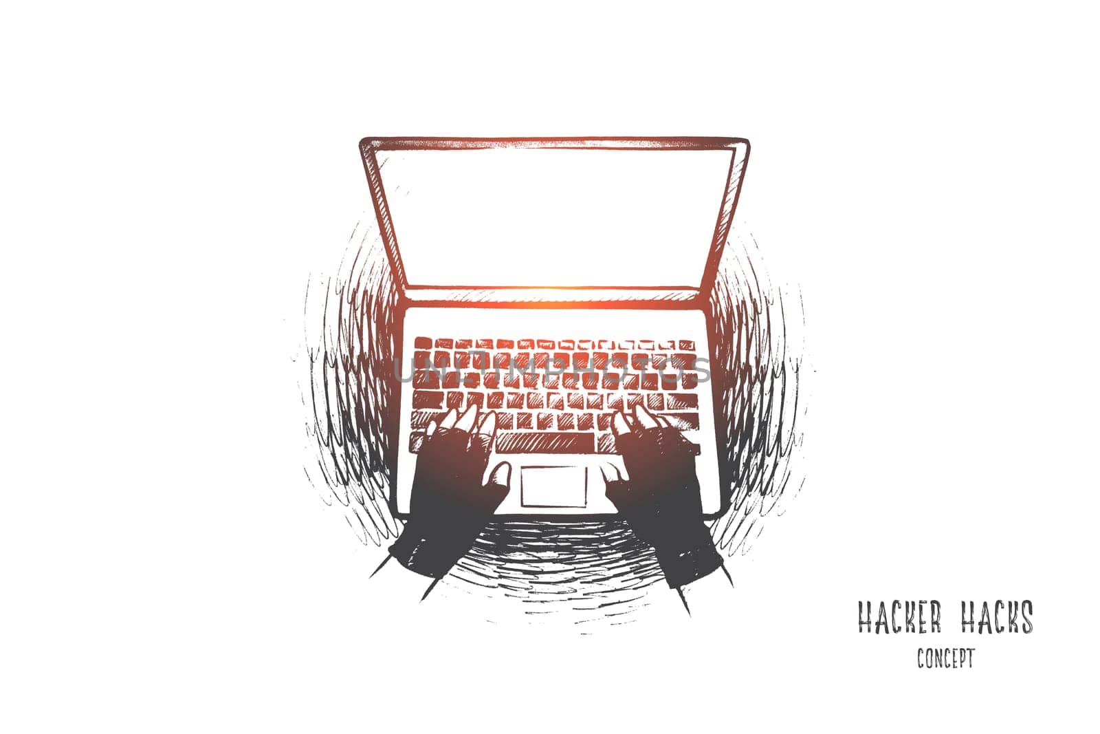 Hacker hack concept. Hand drawn person is ready to start hacking laptop. Network security and privacy crime isolated vector illustration.