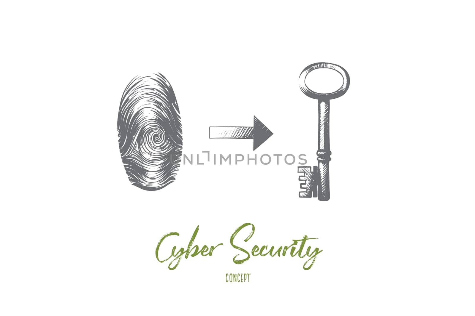 Cyber security concept. Hand drawn digital fingerprint and key. Symbols of internet protection isolated vector illustration.