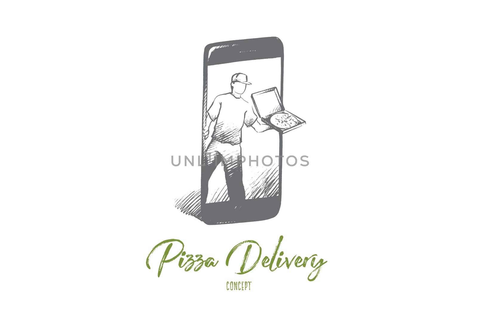 Pizza delivery concept. Hand drawn online pizza order with smartphone. Fast food delivery online service isolated vector illustration.