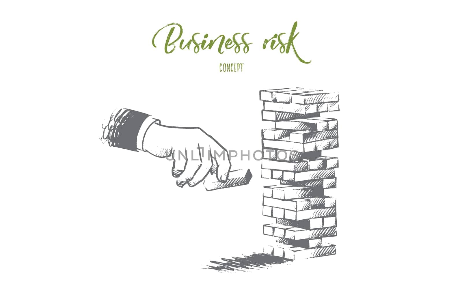 Business risk concept. Hand drawn hand of businessman placing out wood block on tower. Risk and strategy in business isolated vector illustration.