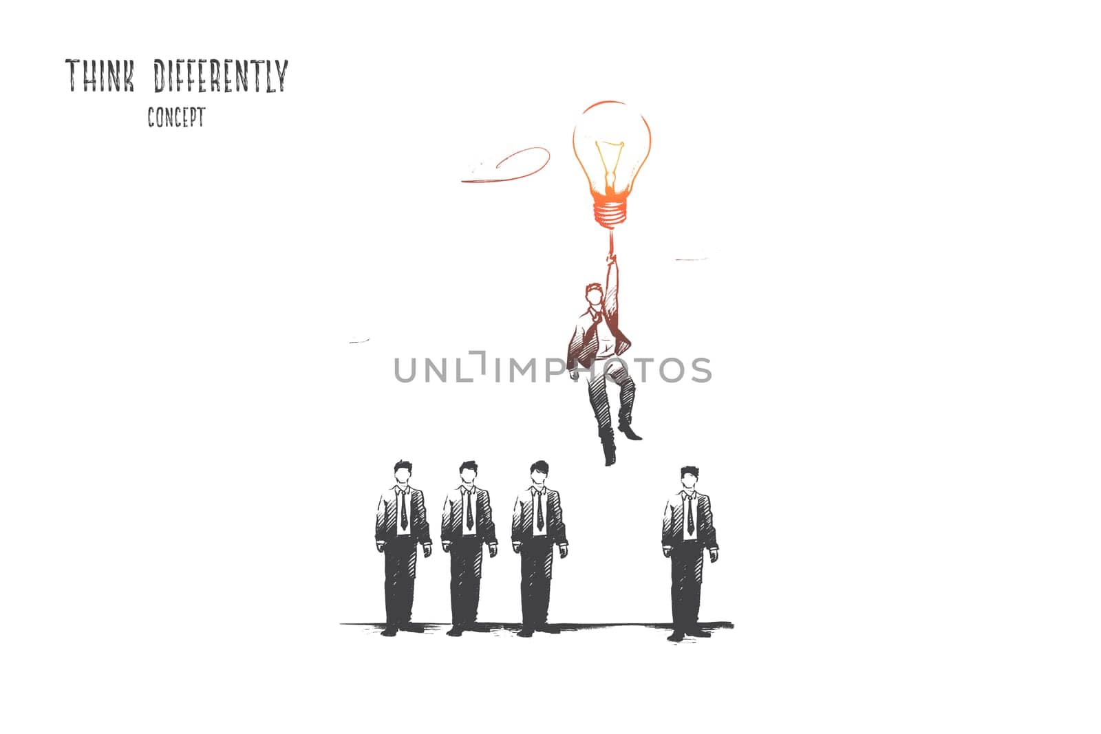 Think differently concept. Hand drawn person with lightbulb in hand as symbol of new idea. Man flying from crowd with light bulb isolated vector illustration.