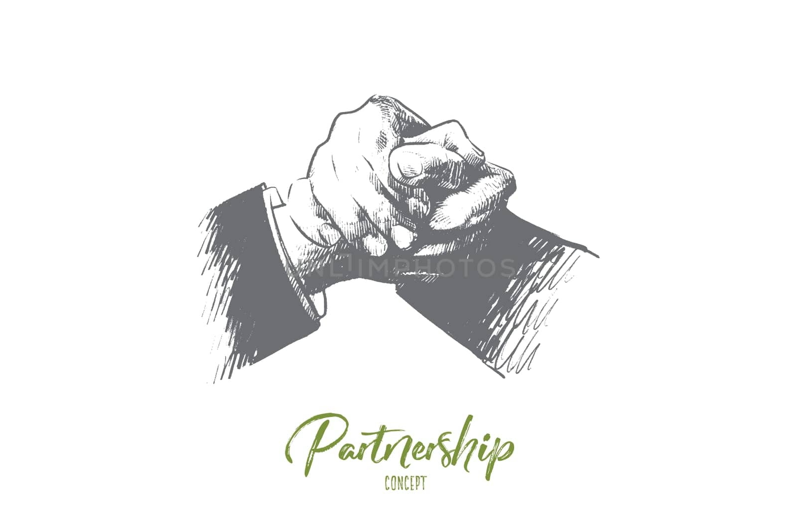 Partnership concept. Hand drawn friendly handshake between business partners. Handshaking as symbol of successful agreement isolated vector illustration.