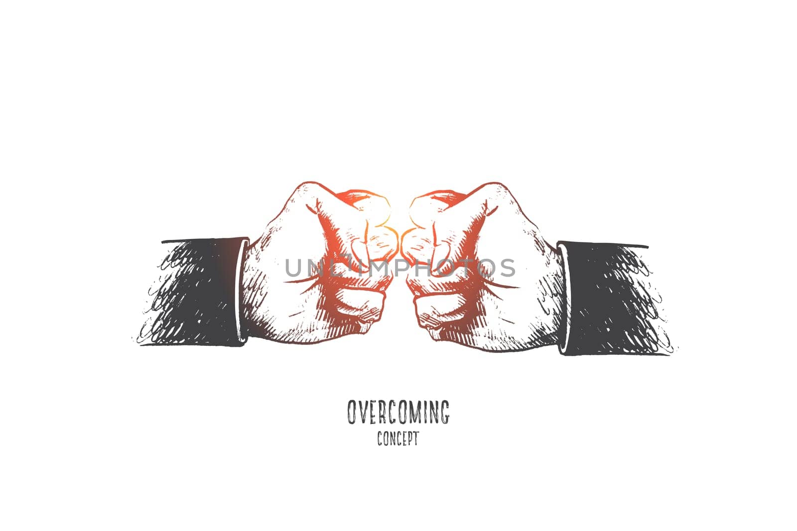 Overcome concept. Hand drawn two fists in front of each other. Symbol of great efforts to achieving goal isolated vector illustration.