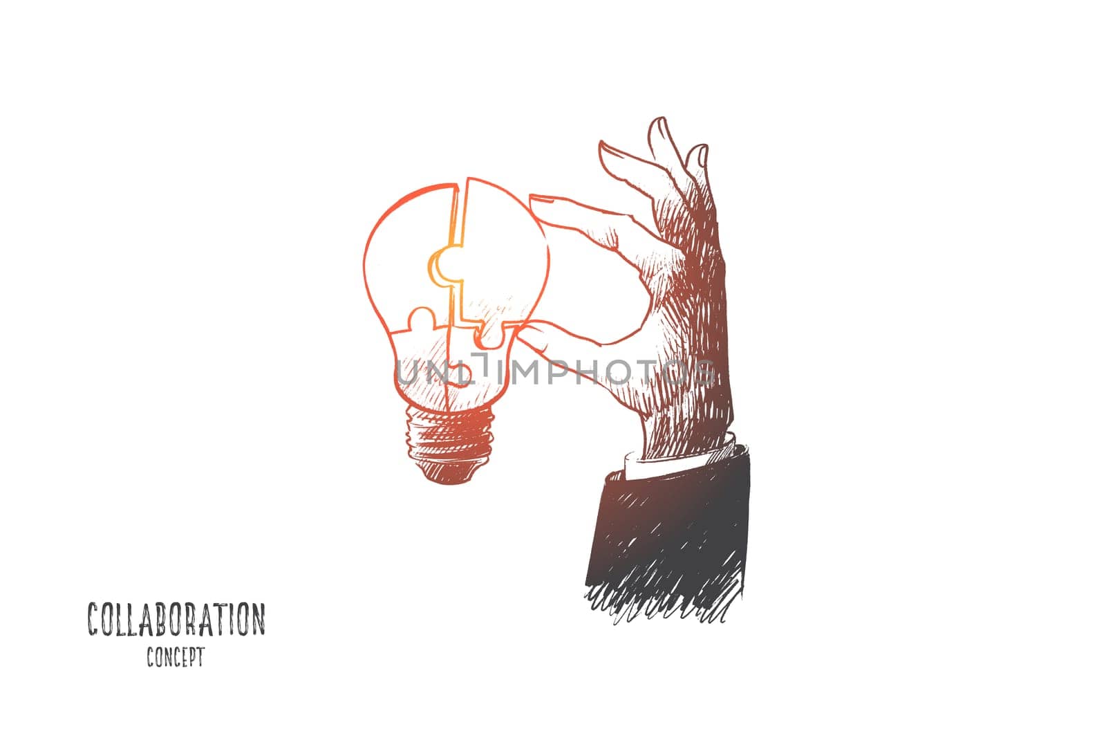 Collaboration concept. Hand drawn light bulb in human hand. part of puzzle as symbol of co-working and team isolated vector illustration.