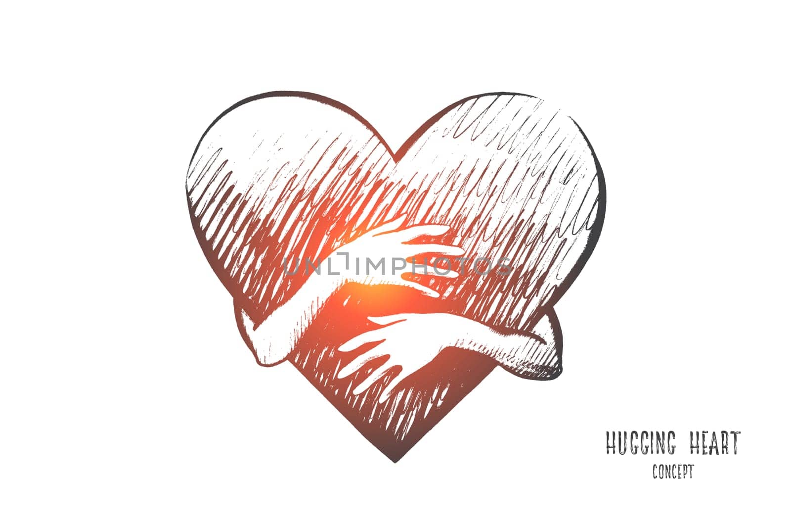 Hugging heart concept. Hand drawn big heart in arms. Love yourself symbol isolated vector illustration.