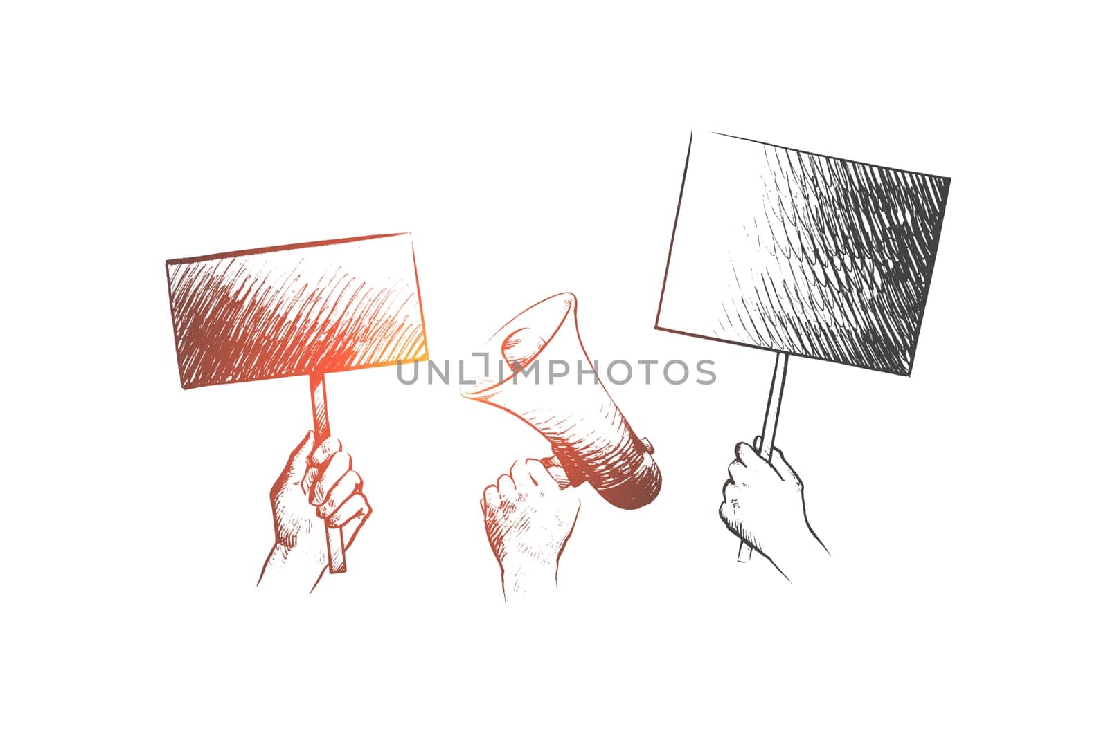 Strike concept. Hand drawn hands with megaphone and posters. Hands of people at street strike isolated vector illustration.