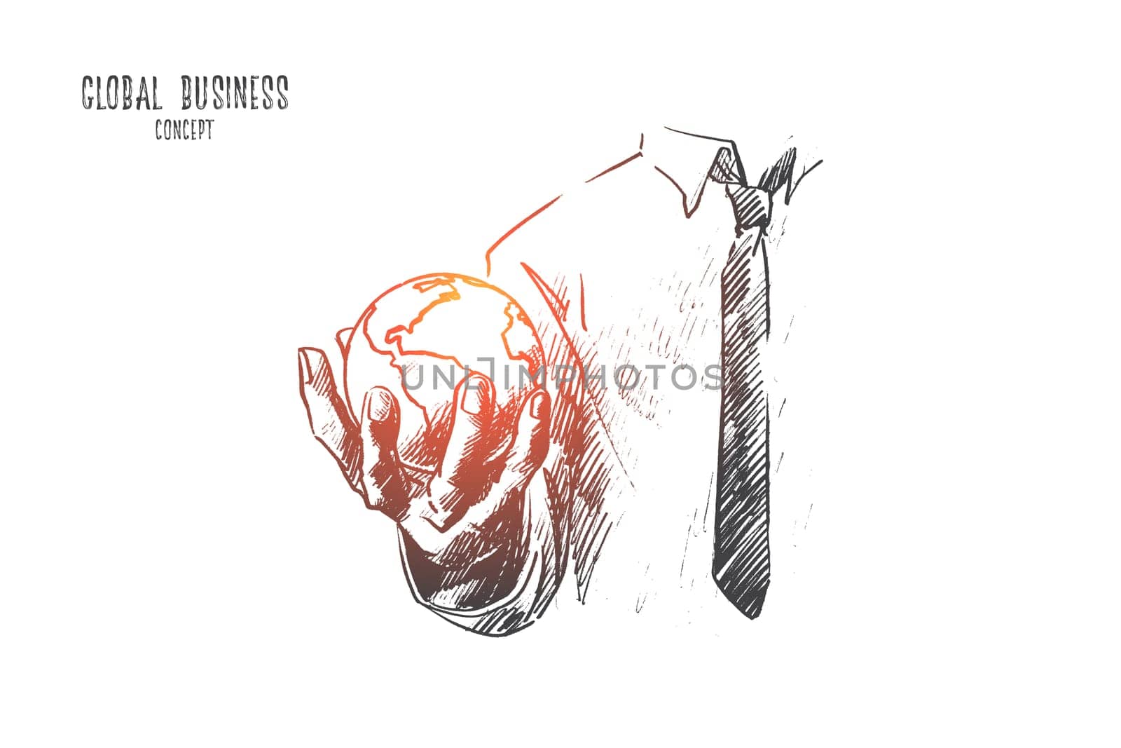 Global business concept. Hand drawn Earth globe in hand of businessman. Symbol business cooperation over the world isolated vector illustration.