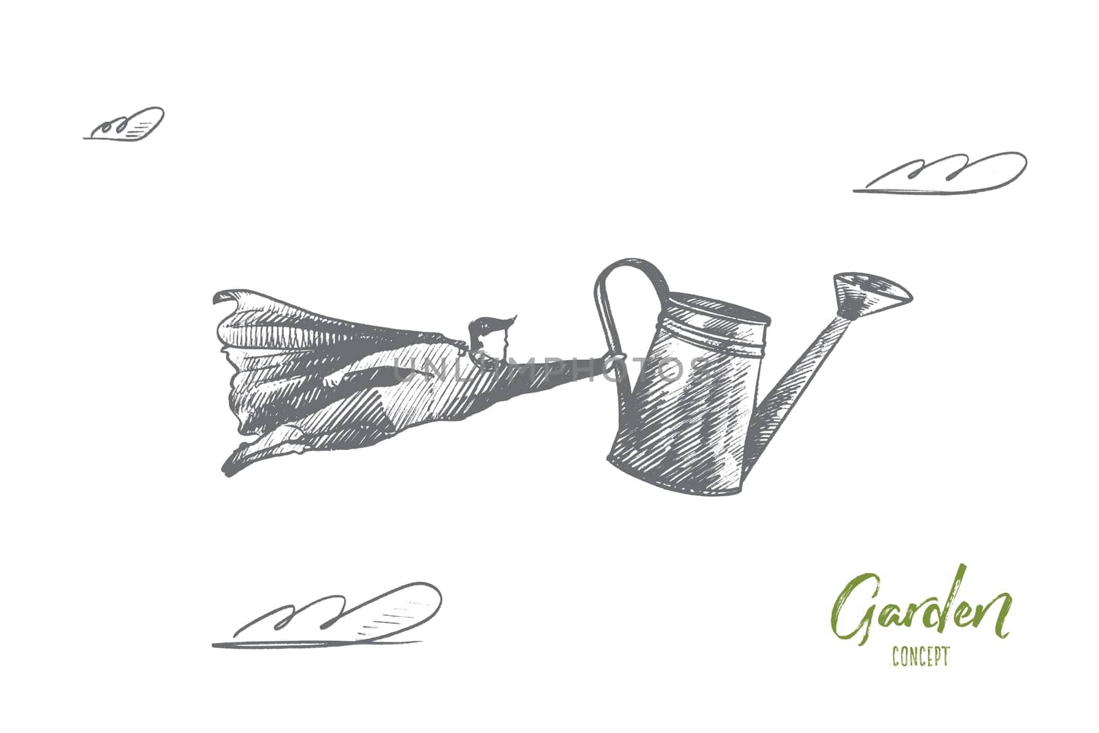 Garden concept. Hand drawn superhero with watering tool in his hand. Flying hero as gardener worker isolated vector illustration.