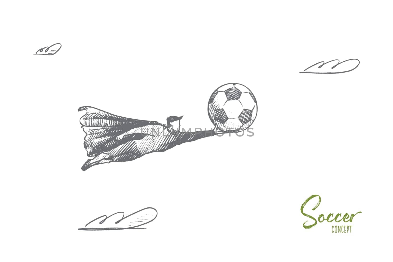 Soccer concept. Hand drawn superhero with soccer ball in his hand. Flying hero holds symbol of football game isolated vector illustration.