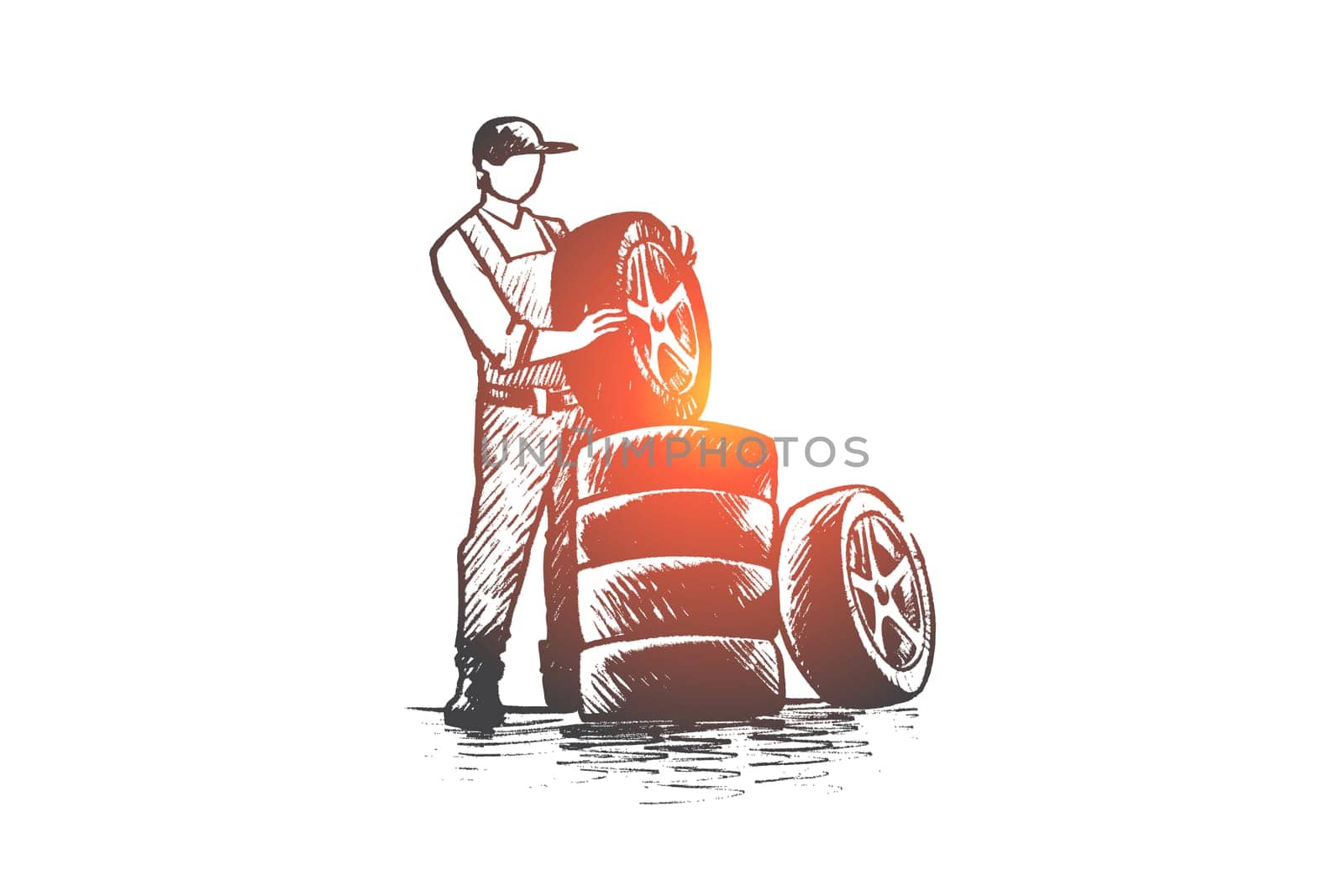 Car service concept. Hand drawn worker repairing car tire, auto parts service isolated vector illustration.