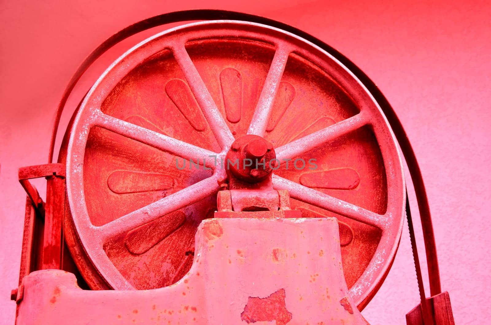 Infrared photo of an old wheel of a saw