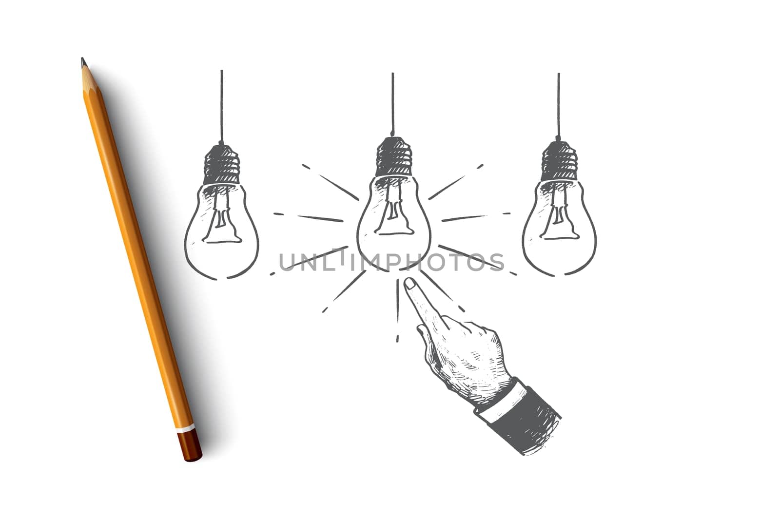 Best idea concept. Hand drawn isolated vector. Best idea concept. Hand drawn light bulbs with human hand isolated vector illustration.