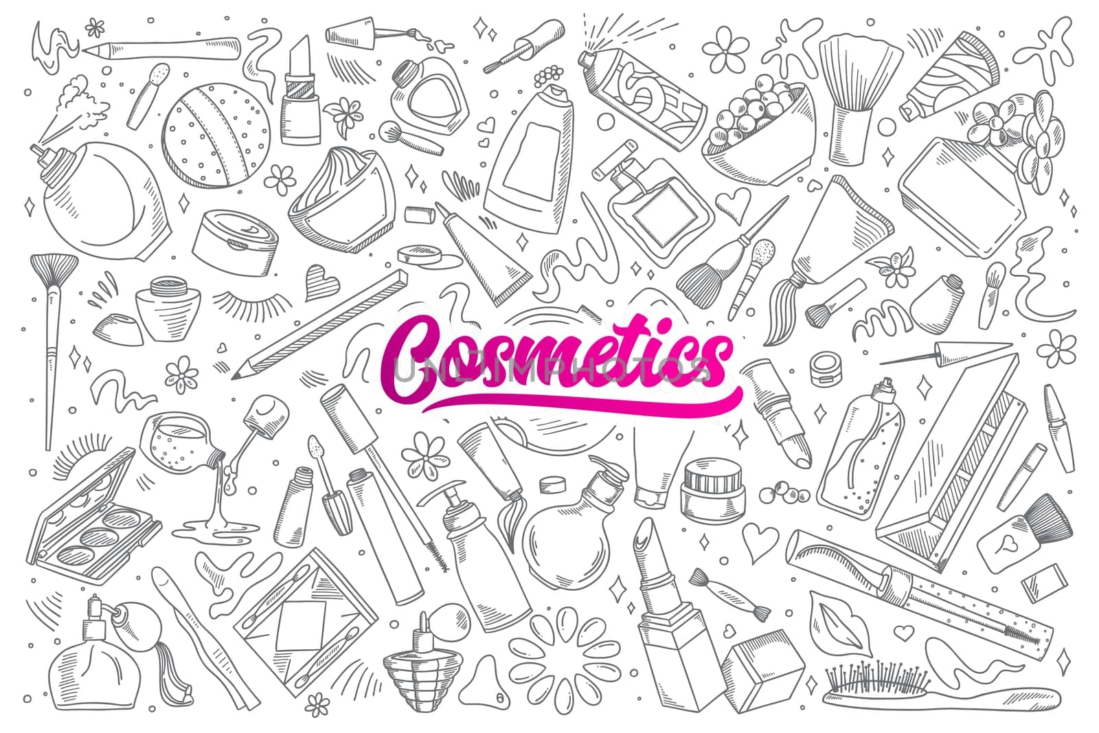 Hand drawn set of cosmetics doodles with lettering in vector