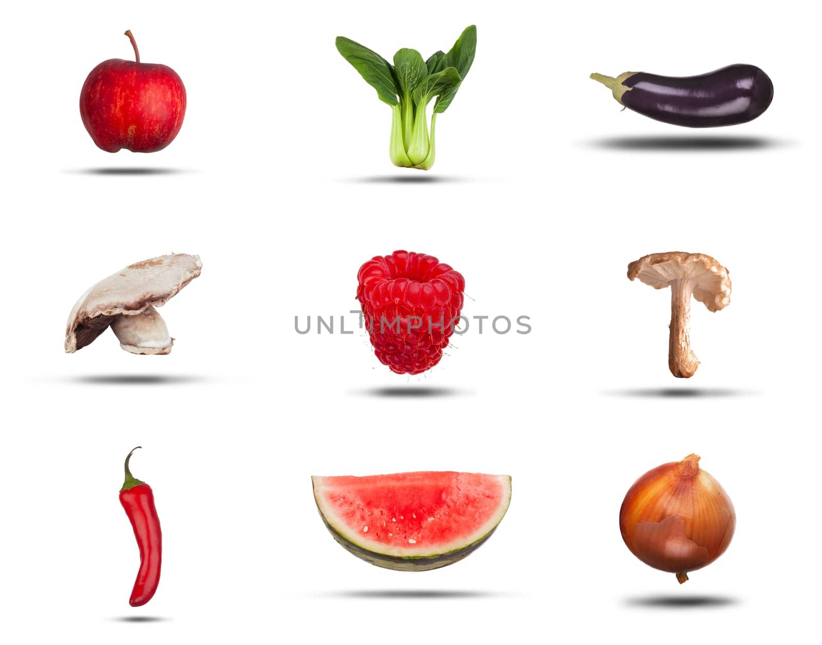 Fresh natural fruit and vegetables food isolated on a white background. Apple, pak choi, aubergine, mushrooms, raspberry, chilli, watermolon, onion