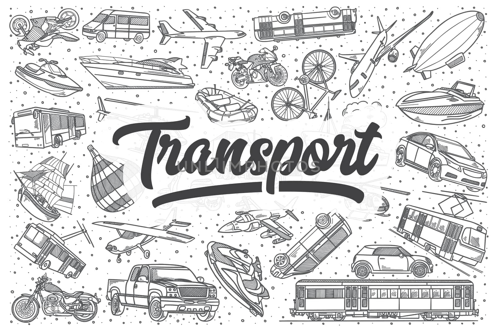 Hand drawn transport doodle set. Lettering - Transport