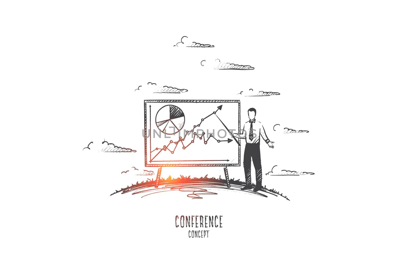 Conference concept. Hand drawn man with pointer near board with schedule. Work conference at office isolated vector illustration.