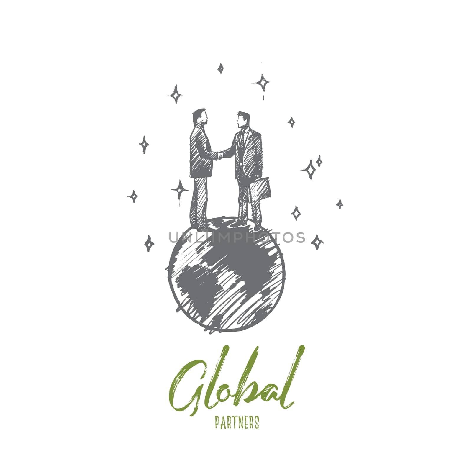Global partners concept. Hand drawn businessmen shaking hands standing on Earth isolated vector illustration.