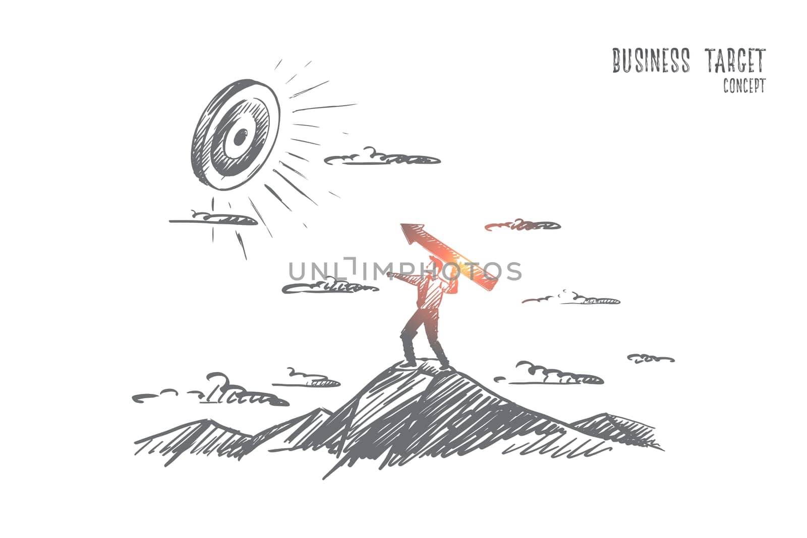 Business target concept. Hand drawn man achieving great goals. Target and man with an arrow isolated vector illustration.