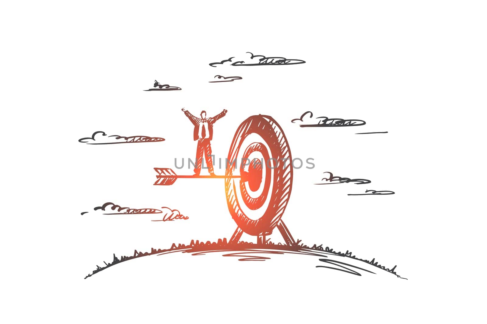 Achieve concept. Hand drawn arrow hitting in the target center of dartboard. Concept of achieving a goal, success businessman isolated vector illustration.