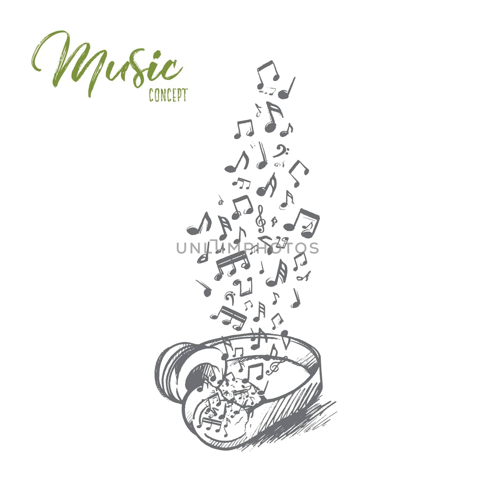 Music concept. Hand drawn headphone with flying musical notes. Audio music isolated vector illustration.