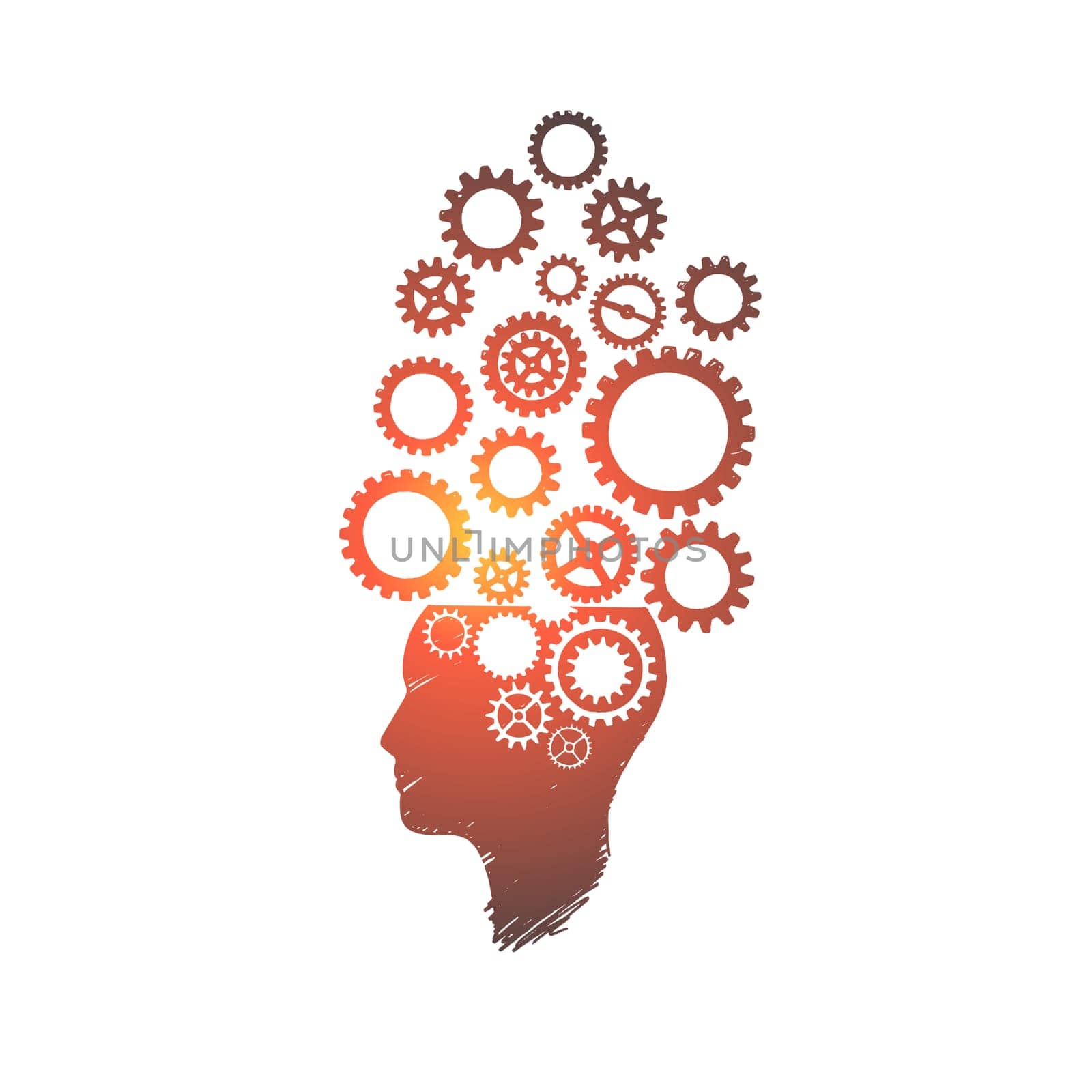 Brainstorm concept. Hand drawn thinking mechanism. Human head with gears inside isolated vector illustration.