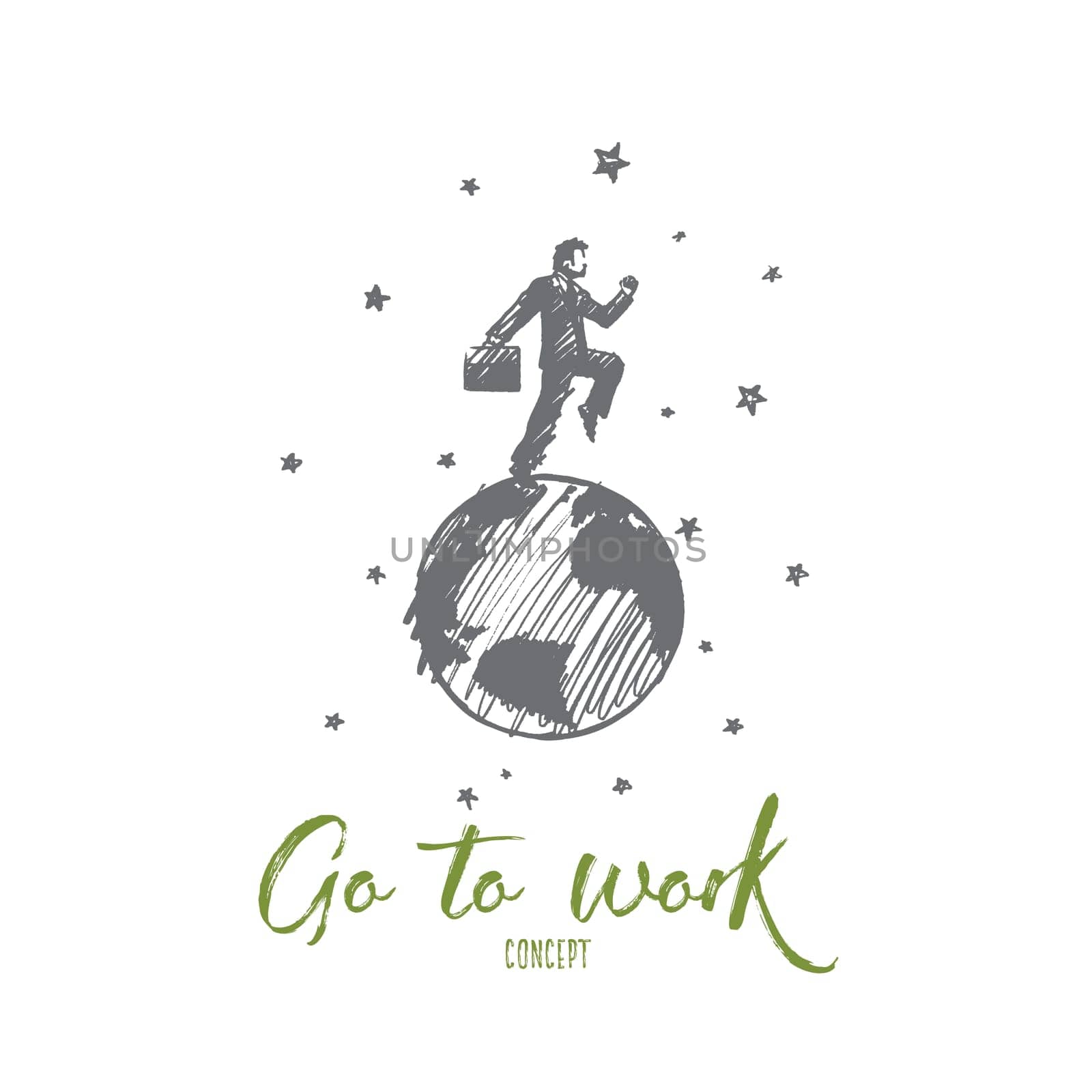 Go to work concept. Hand drawn handsome man going to work. Businessman with a briefcase isolated vector illustration.