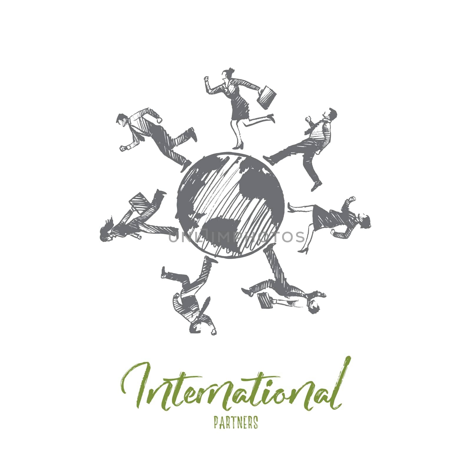 Internationl partners concept. Hand drawn businessmen all over the world. Business partners isolated vector illustration.