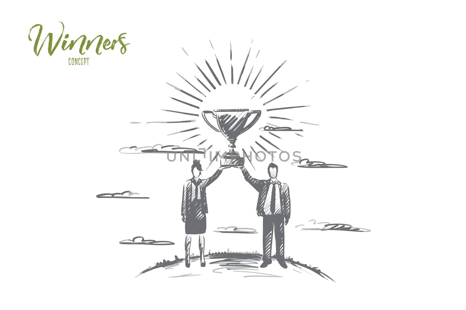 Winner concept. Hand drawn man and woman holding up a gold trophy cup as a winner in a competition. Two partners win isolated vector illustration.