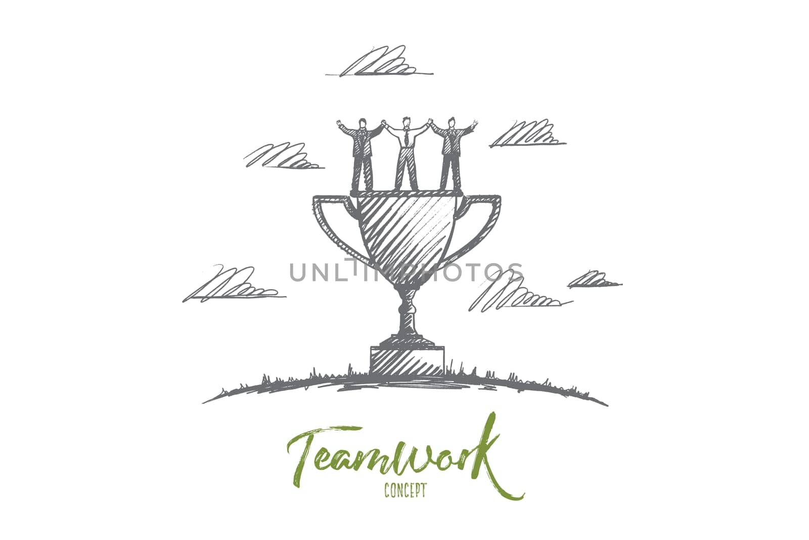 Teamwork concept. Hand drawn men and women celebrating success teamwork. Command of winners and cup isolated vector illustration.