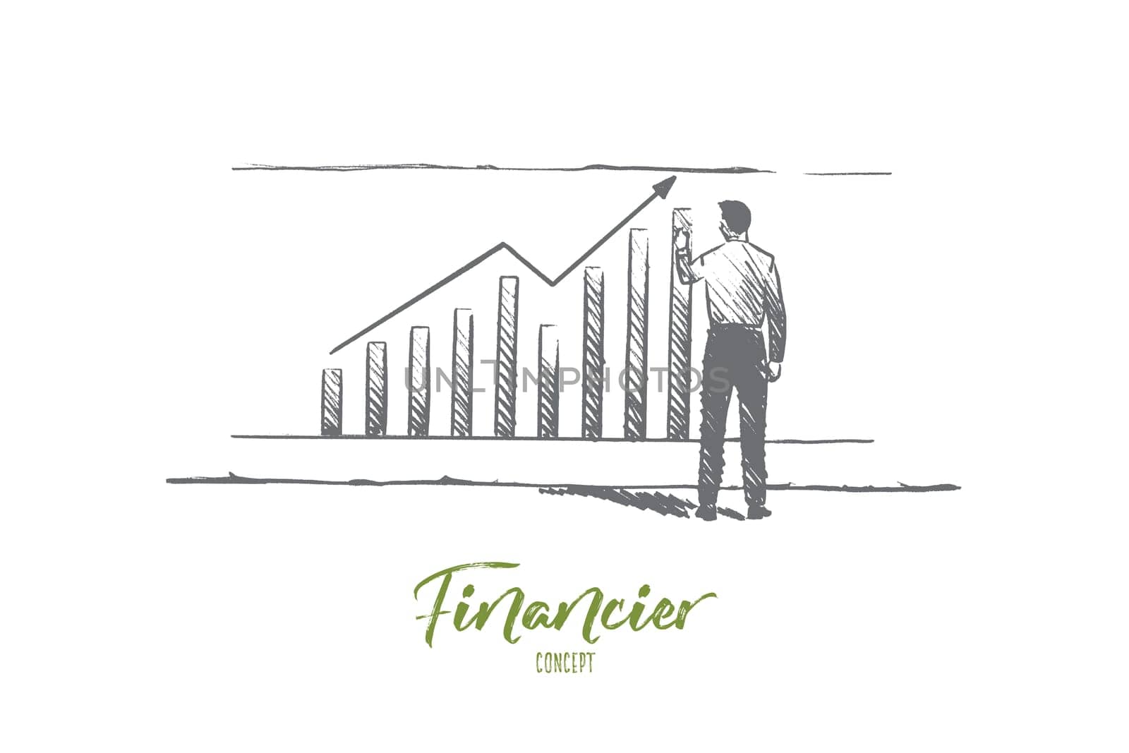 Financier concept. Hand drawn businessman builds graphics. Male finane analyst isolated vector illustration.