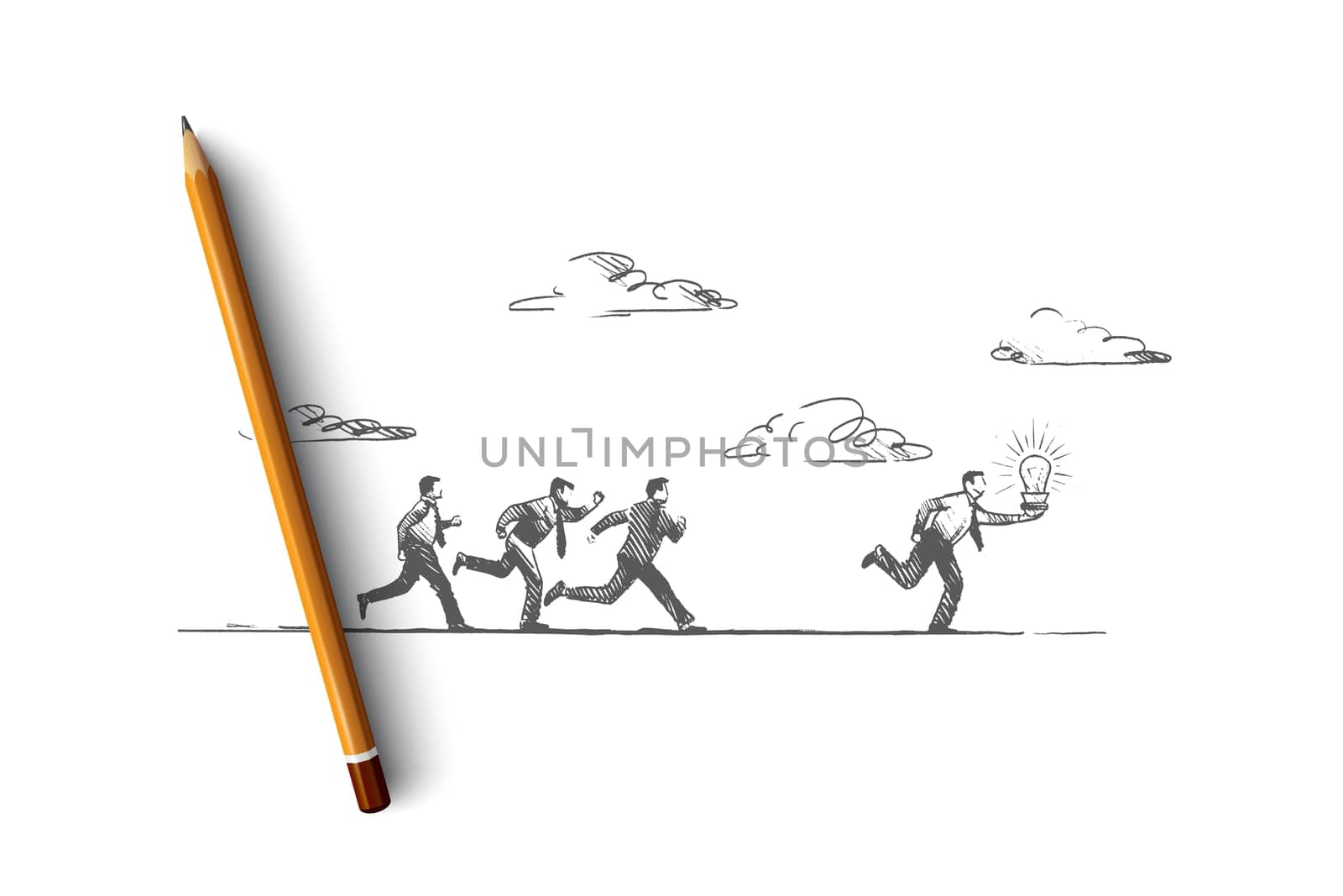 The best idea concept. Hand drawn people running with luminous light bulb. Businessman makes a great solution isolated vector illustration.
