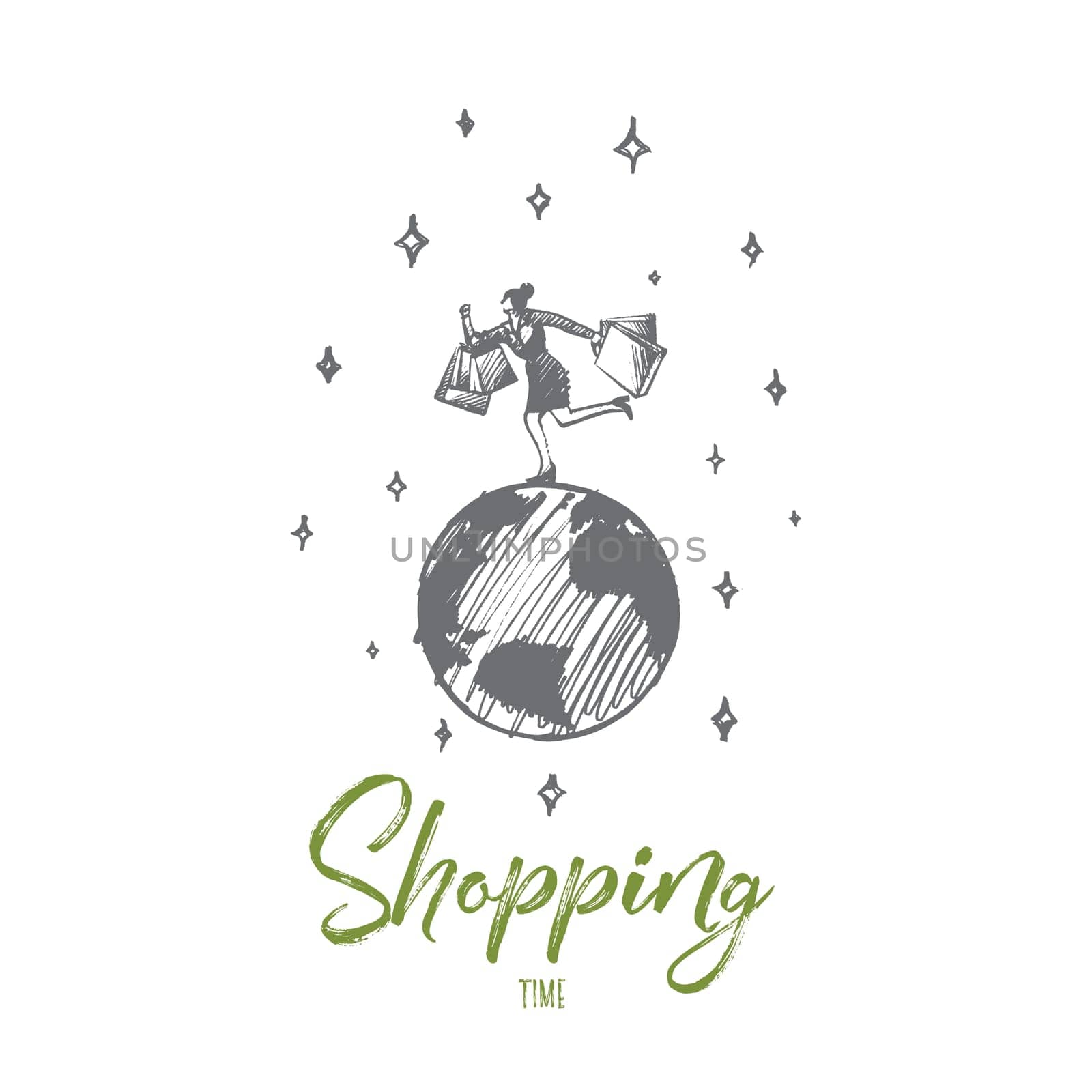 Shopping time concept. Hand drawn happy woman making shopping. Female runing with packages isolated vector illustration.