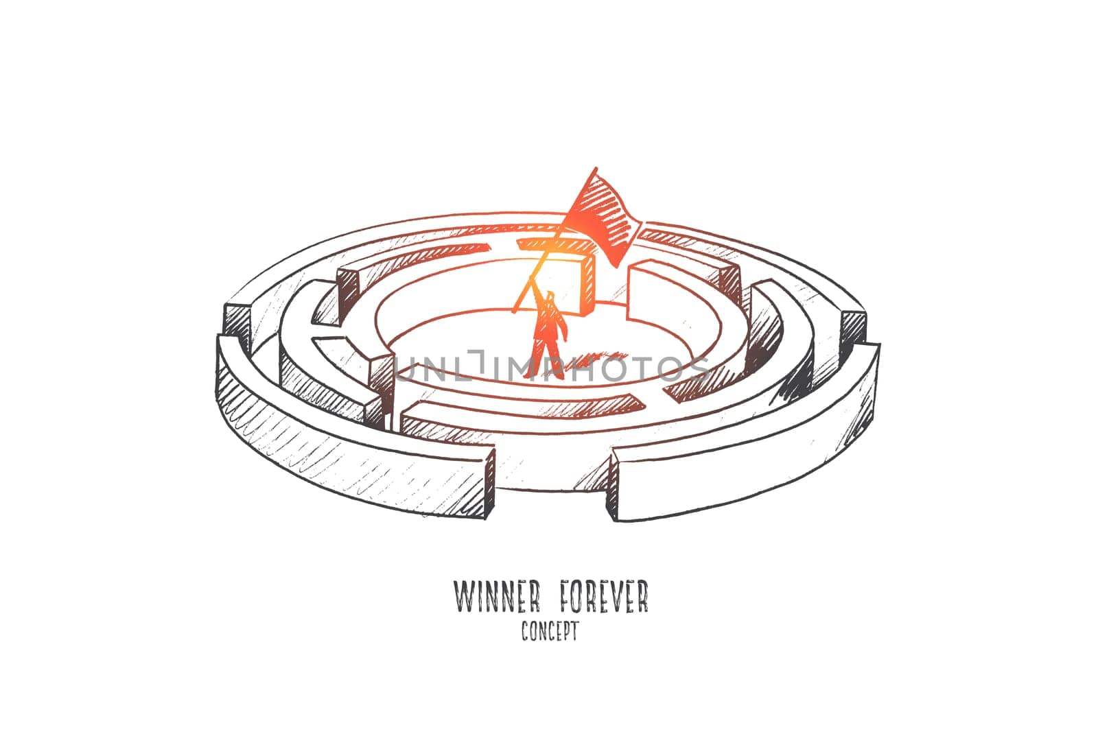 Winner forever concept. Hand drawn person winner waving a flag. Man in the labyrinth isolated vector illustration.